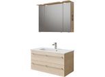 Badmöbel-Set SAPHIR "Serie 6025 2-teilig Mineralmarmor-Waschtisch mit LED-Spiegelschrank", braun (polar pinie quer nb), B:97cm H:200cm T:48cm, Holzwerkstoff, Kastenmöbel-Sets, Badmöbel-Set, Waschplatz 97 cm breit, 2 Schubladen, 3 Spiegel-Türen, inkl Türdämpfer