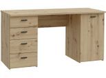 Schreibtisch FORTE "Goldsboro", braun (artisan eiche, artisan eiche), B:145,2cm H:75,3cm T:60cm, Tische, Schreibtisch, mit 4 Schubladen, Soft-Close, Metallgriffe in schwarz, Breite 145 cm