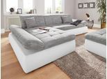 Ecksofa DOMO COLLECTION "PB MORIC wahlweise mit Bettfunktion + Armteilverstellung, L-Form", weiß (weiß, weiß, grau, grau), B:300cm H:80cm T:172cm, Kunstleder SOFTLUX / Struktur (90% Polyester, 10% Polyacryl);Zierkissen: Struktur (90% Polyester, 10% Polyacryl);Microfaser PRIMABELLE (100% Polyester) / Struktur (90% Polyester, 10% Polyacryl), Sofas, Ecksofa, im XXL-Format, B/T/H:300/172/80 cm, feine