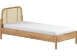 Einzelbett HOME AFFAIRE "mit massiven Bettpfosten und furnierten Bettseiten", braun (eiche natur, eiche natur, eiche natur), B:98,5cm H:90cm L:208,5cm, Betten, Einzelbett, 90/200 inkl. Lattenrost und trendigem Rattankopfteil