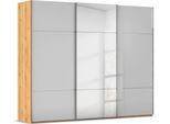 Schwebetürenschrank RAUCH "Kleiderschrank Schrank Garderobe Schlafzimmerschrank SCALE-TRIO", grau (asteiche, glas seidengrau, griffleisten chrom), B:271cm H:223cm T:68cm, Holzwerkstoff, Schränke, Schwebetürenschrank, edle dreigeteilte Front mit 2 Zierleisten Spiegel/Glas MADE IN GERMANY