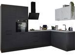 Winkelküche BASIC BY BALCULINA "Yorki", schwarz (küche: schwarz, korpus: grafit schwarz, arbeitsplatte: marmor hell), B:320cm H:91cm T:60cm, Komplettküchen-Sets, Winkelküche, Stellmaße B/T 320x175/60 cm, wahlweise mit E-Geräten