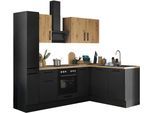 Winkelküche BASIC BY BALCULINA "Turin", schwarz (küche: schwarz, korpus: schwarz matt woodprint, arbeitsplatte: artisan eichefarben), B:240cm H:211cm T:60cm, Komplettküchen-Sets, Winkelküche, Stellbreite 240x175 cm, wahlweise mit E-Geräten