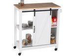 Küchenwagen WENKO "Modell Landhaus", schwarz (beine: weiß, ablagen und tür: weiß, rollen und türschiene: schwarz), B:80cm H:88,5cm, MDF, Massivholz, Polypropylen, Rollwagen, Küchenwagen, Servierwagen, Beistellwagen mit 3 Etagen, Schiebetür und Halterung