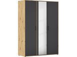 Drehtürenschrank RAUCH "Kleiderschrank Schrank Garderobe Wäscheschrank VOYAGER", grau (eiche artisan, graumetallic), B:140cm H:194cm T:53cm, Holzwerkstoff, Schränke, Drehtürenschrank, mit modernen Griffen in Graumetallic und Spiegel
