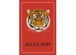 Leinwandbild QUEENCE "Tiger ALLEZ HOP", braun (farbe bild(er): braun), B:80cm H:120cm T:2cm, Canvas, Holzrahmen, Bilder, Leinwandbild, Premium-Leinwandstoff, Handarbeit aus Deutschland