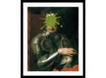 Bild QUEENCE "Caesar mit Farbklecks", blau (farbe rahmen: schwarz, farbe bild(er): blau, grau), B:40cm H:50cm, Acrylglas, Holz, Papier, Bilder, Bild, HD Premium Poster-Druck inkl. Holzrahmen