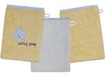 Waschhandschuh WÖRNER "Little Star Waschhandschuh 3er Set", gelb (gelb, chrom), B:15cm L:21cm, Obermaterial: 100% Baumwolle, Handtücher, Waschhandschuh, 1x mit Stickerei Stern mit Schriftzug, 2x unifarben
