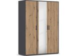 Drehtürenschrank RAUCH "Kleiderschrank Schrank Garderobe Wäscheschrank VOYAGER", grau (graumetallic, eiche artisan), B:140cm H:194cm T:53cm, Holzwerkstoff, Schränke, Drehtürenschrank, mit modernen Griffen in Graumetallic und Spiegel