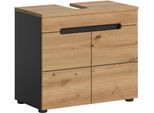 Waschbeckenunterschrank WELLTIME "REHAT, Breite 63 cm, 2 Türen, Einlegeboden, mit Siphonausschnitt", grau (basalt grau, artisan eiche nachbildung), B:63cm H:55cm T:34cm, FSC-zertifizierter Holzwerkstoff, Schränke, Waschbeckenunterschrank, Soft-Close-Funktion, eingefasste Griffaussparung in der Front