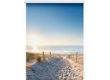 Seitenzugrollo LICHTBLICK ORIGINAL "Rollo Klemmfix, ohne Bohren, Verdunkelung, Ostseestrand - Blau", blau (blau, weiß), B:150cm H:90cm, Polyester, Rollos, Seitenzugrollo
