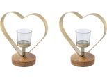 Teelichthalter CREATIV HOME "Kerzenhalter Herz", beige (champagnerfarben), B:20cm H:20cm T:10cm, Edelstahl, Glas, Massivholz, Kerzenhalter, Teelichthalter, aus Holz, Edelstahl und Glas