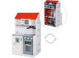 Spielküche ROBA "2-in-1, Feuerwehr", weiß (weiß, blau), Spielküchen, KinderB:60cm H:104cm T:32cm, Holz, Spielküche, mit mehrstöckigem Puppenhaus, B:60cm H:104cm T:32cm
