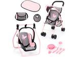 Puppenbuggy BAYER "Set mit Tasche", rosa (grau, rosa schmetterling), Puppenwagen, KinderB:43cm H:52cm T:26,5cm, Puppenbuggy, B:43cm H:52cm T:26,5cm