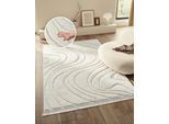 Teppich HOMSY BY ANA JOHNSON "Waavy mit Fransen, Wellen Design", weiß (cream), B:160cm H:20mm L:230cm, Kunstfaser, Teppiche, Teppich, Boho, 3D Optik, Scandi, Hoch-Tief, Wohnzimmer, Schlafzimmer
