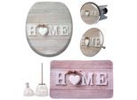 Badaccessoire-Set SANILO "Home", beige, natur, Massivholz, Polyester, Polyresin (Kunststein), Badaccessoires-Sets, bestehend aus WC-Sitz, Badteppich, Stöpsel, Seifenspender, WC-Bürste