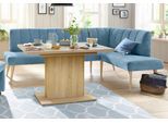 Eckbank EXXPO - SOFA FASHION "Costa, moderne Rückensteppung, bequem und elegant, hoher Holzfuß", blau (azur), B:157cm H:92cm T:245cm, Webvelour: 100% Polyester, Sitzbänke, Eckbank, hochwertig verarbeitet, Frei im Raum stellbar