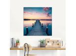 Glasbild ARTLAND "Langer Pier am See im Sonnenaufgang", blau (farbe bild(er): blau), B:125cm H:50cm, Bilder, in verschiedenen Größen