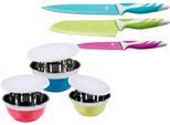 Schüssel KING "IMORA", bunt, Edelstahl, Schüsseln, Schüssel, 3 Schüsseln aus Edelstahl, 3 Kunststoffdeckel, 3 Messer