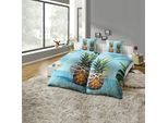 Partnerbettwäsche KINZLER "Partnerbettwäsche 4-teilig "Ananas", bunt, B/L: 135cm x 200cm, 2 Stk., 2 Stk., Microfaser, B/L: 80cm x 80cm & 80cm x 80cm, 4 Stk., Microfaser, Obermaterial: 100% Polyester, Bettwäsche, Partnerbettwäsche, Pflegeleicht