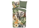 Wendebettwäsche HIP "Sagadar", grün, B/L: 155cm x 220cm, 1 Stk., 1 Stk., Mako-Satin, B/L: 80cm x 80cm, 2 Stk., Mako-Satin, Obermaterial: 100% Baumwolle, Bettwäsche, Wendebettwäsche, Satin, Baumwolle, Reißverschluss, Wende, Löwe, Elefant, Giraffe, grün