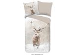 Wendebettwäsche GOOD MORNING "Snowydeer", beige (sand), B/L: 135cm x 200cm, 1 Stk., 1 Stk., Flanell, B/L: 80cm x 80cm, 2 Stk., Flanell, Obermaterial: 100% Baumwolle, Bettwäsche, Wendebettwäsche, Flanell, Biber, Baumwolle, Winter, Warm, Wendeoptik, Reh, Hirsch, Sand