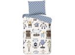Babybettwäsche GOOD MORNING "Robo", blau, B/L: 100cm x 135cm, 1 Stk., 1 Stk., Renforcé, B/L: 60cm x 40cm, 2 Stk., Renforcé, Obermaterial: 100% Baumwolle, Bettwäsche, Baumwolle, Reißverschluss, Wendeoptik, Baby, Junge, Roboter, Weiß blau