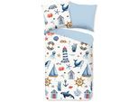 Kinderbettwäsche GOOD MORNING "Ahoy", blau, B/L: 135cm x 200cm, 1 Stk., 1 Stk., Renforcé, B/L: 80cm x 80cm, 2 Stk., Renforcé, Obermaterial: 100% Baumwolle, Bettwäsche, 100% Baumwolle, Reißverschluss, Wendeoptik, Baby, Kind, Maritim