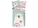 Kinderbettwäsche GOOD MORNING "Ted", rosa, B/L: 135cm x 200cm, 1 Stk., 1 Stk., Flanell, B/L: 80cm x 80cm, 2 Stk., Flanell, Obermaterial: 100% Baumwolle, Bettwäsche, Flanell, Biber, 135x200, Warm, Wende, Kind, Bär, Eisbär, minzgrün