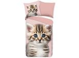 Kinderbettwäsche GOOD MORNING "Meow", rosa, B/L: 135cm x 200cm, 1 Stk., 1 Stk., Flanell, B/L: 80cm x 80cm, 2 Stk., Flanell, Obermaterial: 100% Baumwolle, Bettwäsche, Flanell, Biber, 135x200, Warm, Wendeoptik, Kind, Mädchen, Katze, Rosa