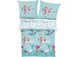 Kinderbettwäsche S.OLIVER JUNIOR "Satinbettwäsche s.Oliver Junior Meerjungfrau", blau (türkis), B/L: 140cm x 200cm, 1 Stk., 1 Stk., Mako-Satin, B/L: 70cm x 90cm, 2 Stk., Mako-Satin, Obermaterial: 100% Baumwolle, Bettwäsche