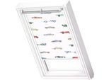 Verdunklungsrollo VELUX "DKL 4654SWL, Motiv: Kids Rennautos", weiß (kids rennautos, weiß), FK04, stufenlos positionierbar, Polyester, Rollos, Verdunklungsrollo, weiße Führungsschienen & Griffleiste