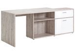 Eckschreibtisch FMD "Diego", bunt (sandeichefarben, weiß hochglanz), B:138cm H:75cm T:67,5cm, Tische, Eckschreibtisch, Hochglanzfronten, mit Regalelement, viel Stauraum, 2 Aufbauvarianten
