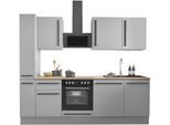 Winkelküche BASIC BY BALCULINA "Denver, Küche BxHxT 250 x 211 x 60", grau (küche: grau, korpus: grau matt, arbeitsplatte: lanzelot eiche), B:250cm H:211cm T:60cm, Komplettküchen-Sets, Küchenzeile, Breite 250 cm, wahlweise mit E-Geräten und Induktion