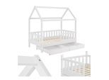 Juskys Kinderbett Marli 90 x 200 cm mit Bettkasten, Gitter, Lattenrost & Dach - Holz Hausbett Weiß