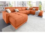 Wohnlandschaft DOMO COLLECTION "Ava moderne Sitzheftung mit toller Doppelnaht, komfortabel, U-Form", orange (terrakotta), B:351cm H:84cm T:222cm, Zierkissen: Microfaser PRIMABELLE (100% Polyester);Struktur (100% Polyester);Microfaser PRIMABELLE (100% Polyester);Kunstleder SOFTLUX;Struktur fein (100% Polyester), Sofas, Wohnlandschaft, mit Federkern, wahlweise mit Kopfteilverstellungen