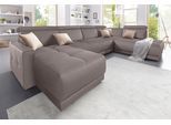 Wohnlandschaft DOMO COLLECTION "Ava moderne Sitzheftung mit toller Doppelnaht, komfortabel, U-Form", braun (schlamm), B:351cm H:84cm T:222cm, Zierkissen: Microfaser PRIMABELLE (100% Polyester);Struktur (100% Polyester);Microfaser PRIMABELLE (100% Polyester);Kunstleder SOFTLUX;Struktur fein (100% Polyester), Sofas, Wohnlandschaft, mit Federkern, wahlweise mit Kopfteilverstellungen
