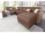 Wohnlandschaft DOMO COLLECTION "Ava moderne Sitzheftung mit toller Doppelnaht, komfortabel, U-Form", braun (espresso), B:351cm H:84cm T:222cm, Zierkissen: Microfaser PRIMABELLE (100% Polyester);Struktur (100% Polyester);Microfaser PRIMABELLE (100% Polyester);Kunstleder SOFTLUX;Struktur fein (100% Polyester), Sofas, Wohnlandschaft, mit Federkern, wahlweise mit Kopfteilverstellungen