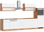 Küchenzeile KOCHSTATION "KS-Wien", weiß (küche: weiß, front: weiß, korpus: wotaneichefarben, arbeitsplatte: wotaneichefarben), B:350cm H:200cm T:60cm, Komplettküchen-Sets, Küchenzeile, Breite 350 cm, wahlweise mit E-Geräten