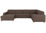 Wohnlandschaft HOME AFFAIRE "Corby, viel Platz und Komfort, U-Form", braun (mittelbraun), B:333cm H:80cm T:199cm, Struktur fein (100% Polyester);Chenille (100% Polyester);NaturLEDER (echtes Rindsleder) auf Sitzfläche, Kunstleder im Korpus;Melrose (100% Polyester), Sofas, Wohnlandschaft, wahlweise mit Bettfunktion, Steppung auf Sitzfläche