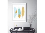 Bild QUEENCE "Nele", gold (farbe rahmen: weiß, farbe bild(er): gold, hellblau), B:50cm H:60cm, Acrylglas, Holz, Papier, Bilder, Bild, gerahmt, Federn