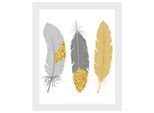 Bild QUEENCE "Nathalia", grau (farbe rahmen: weiß, farbe bild(er): grau, gold), B:40cm H:50cm, Acrylglas, Holz, Papier, Bilder, Bild, gerahmt, Federn