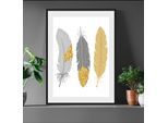Bild QUEENCE "Nathalia", grau (farbe rahmen: schwarz, farbe bild(er): grau, gold), B:50cm H:60cm, Acrylglas, Holz, Papier, Bilder, Bild, gerahmt, Federn