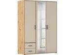Drehtürenschrank RAUCH "Kleiderschrank Schrank Garderobe Wäscheschrank VOYAGER", beige (champagner), eiche artisan, B:140cm H:194cm T:53cm, Holzwerkstoff, Schränke, Drehtürenschrank, mit modernen Griffen in Graumetallic, inkl. Schubkästen und Spiegel