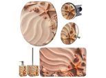 Badaccessoire-Set SANILO "Sanibel", braun, beige, Massivholz, Polyester, Polyresin (Kunststein), Badaccessoires-Sets, bestehend aus WC-Sitz, Badteppich, Stöpsel, Seifenspender, WC-Bürste