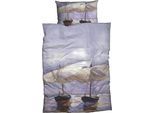 Bettwäsche GOEBEL "Sorolla Beach Boats", blau (graublau), B/L: 155cm x 220cm, 1 Stk., 1 Stk., Satin, B/L: 80cm x 80cm, 2 Stk., Satin, Obermaterial: 100% Baumwolle, Bettwäsche, Bettwäsche, Design eines des bedeutendsten spanischen Künstlers Joaquin Sorolla