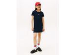 Shirtkleid TOMMY HILFIGER "STRAIGHT PUNTO DRESS S/S", Mädchen, Gr. 12 (152), N-Gr, blau (schwarz night navy), Web, Obermaterial: 72% Polyester, 23% Modal, 5% Elasthan, unifarben, straight fit ca. Mitte Oberschenkel, Rundhals, eingesetzt gerader Abschluss, Kleider Shirtkleid, Kinder bis 16 Jahre