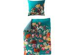 Wendebettwäsche BIERBAUM "Petrol Flowers", blau (petrol), B/L: 155cm x 220cm, 1 Stk., 1 Stk., Mako-Satin, B/L: 80cm x 80cm, 2 Stk., Mako-Satin, Obermaterial: 100% Baumwolle, Bettwäsche, Wendebettwäsche, mit innovativem Digitalprint