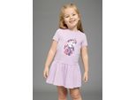 Jerseykleid KIDSWORLD "mit Einhorn", Mädchen, Gr. 116/122, N-Gr, lila (flieder), Jersey, Obermaterial: 95% Baumwolle, 5% Elasthan, bedruckt, ausgestellt kniefrei, Rundhals, abgesteppte Kante, Kleider Jerseykleid, aus Baumwolle und Elasthan, kurzärmelig