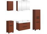 Badmöbel-Set WELLTIME "SALVADA, 5tlg-Set, gedämpfte Scharniere, Softclose, Keramikbecken", braun (rot), B:180cm H:200cm T:47,5cm, MDF, Kastenmöbel-Sets, Badmöbel-Set, Rot, Keramikbecken 1 od. 2 Armaturlochbohrungen